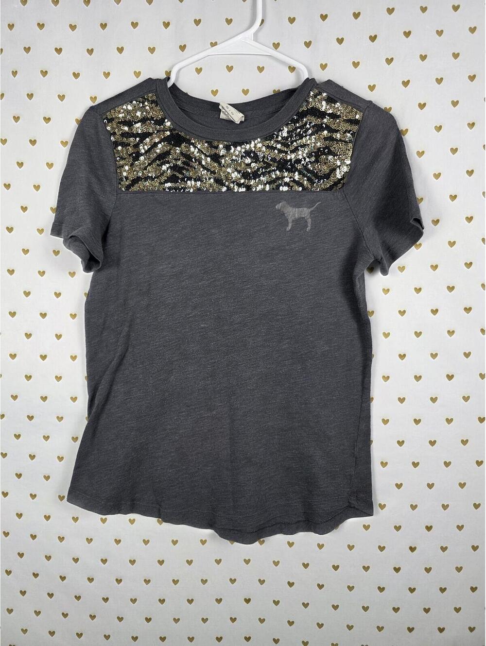 Victorias Secret PINK BLING Vintage Zebra Stripe Sequined Tee Shirt XS